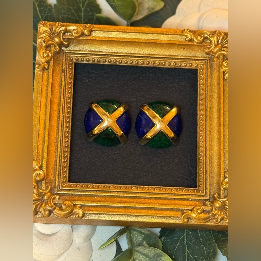 VTG Fabulous Blue and Green Marbled Enamel Goldtone Earrings - Picture 10 of 15